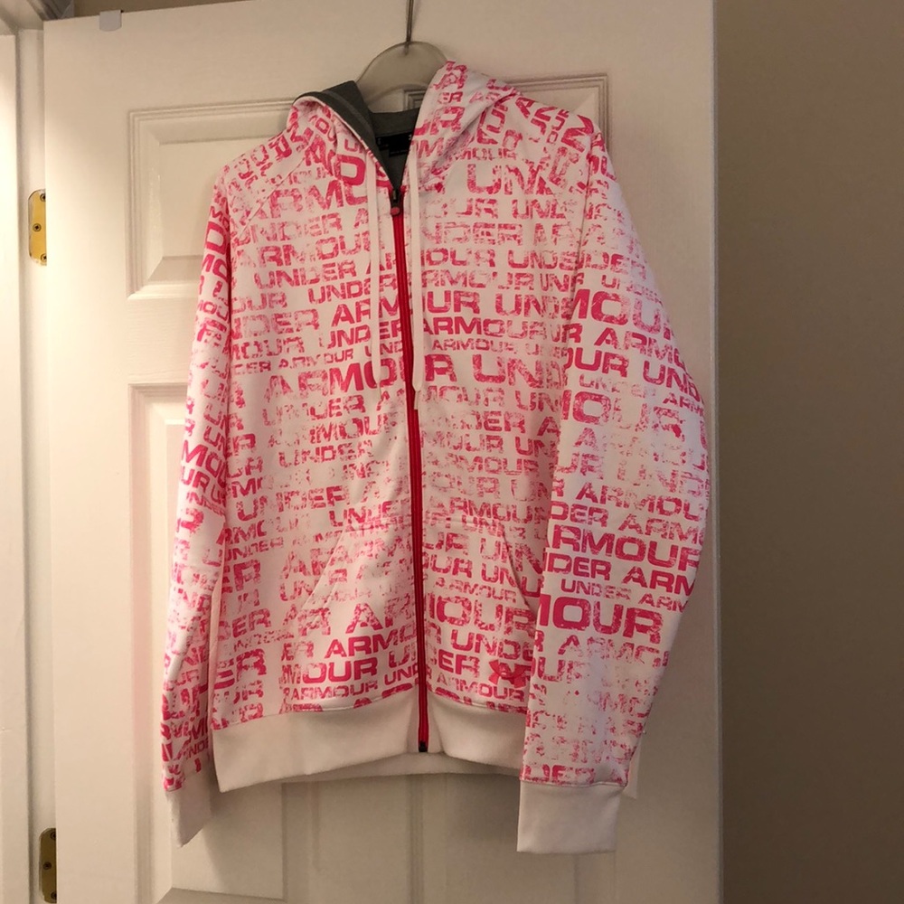 Under Armour Pink and White Hoodie Breast Cancer Full zip up size Large